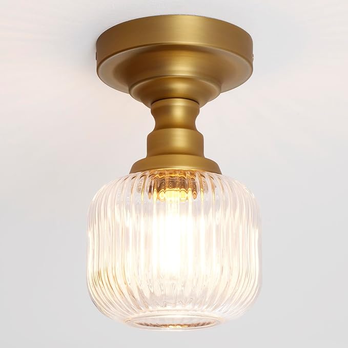 Modern Schoolhouse Semi Flush Mount Ceiling Light with Clear Ribbed Glass Lampshade, Industrial Close to Ceiling Light Fixture for Farmhouse Bedroom Entryway Stairs