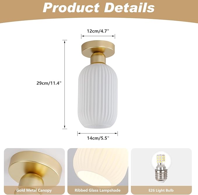 KCO Milk Glass Flush Mount Ceiling Light Mini Ribbed White Glass Mid Century Modern Semi Flush Mount Brass Bathroom Ceiling Light 11.4" x 5.5" x 4.7" Gold & White