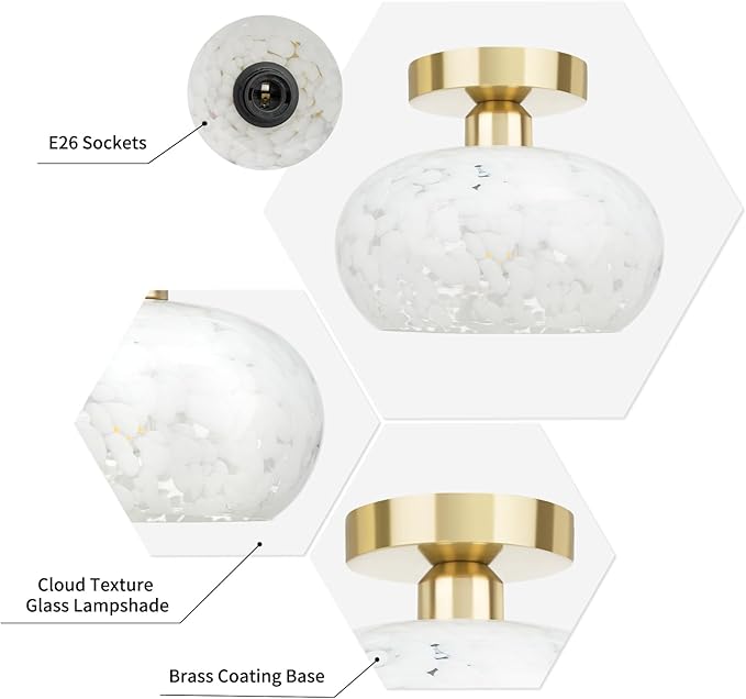 FRIDEKO HOME Glass Ceiling Light - Farmhouse Hallway Lighting Fixtures Ceiling Semi Flush Mount Ceiling Light Fixture for Kitchen Bathroom Entryway Porch (White Cloud-8.66 inch)
