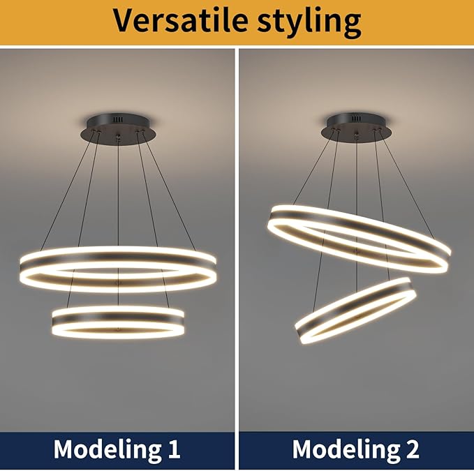 LED Modern Pendant Chandelier, 2 Ring Circular Black Ceiling Pendant Light Fixture, Dimmable 3000K-6500K, Adjustable Flush Mount Hanging Lights for Dining Room, Kitchen Island, Living Room, Office