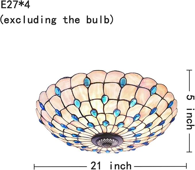 Tiffany Flush Mounts Ceiling Lights,Peacock Blue Crystal Beads Stained Glass Lampshade Ceiling Lamp for Kitchen Dining Room Livingroom Bedroom Ceiling Chandeliers Pendant Light,Blue,21in