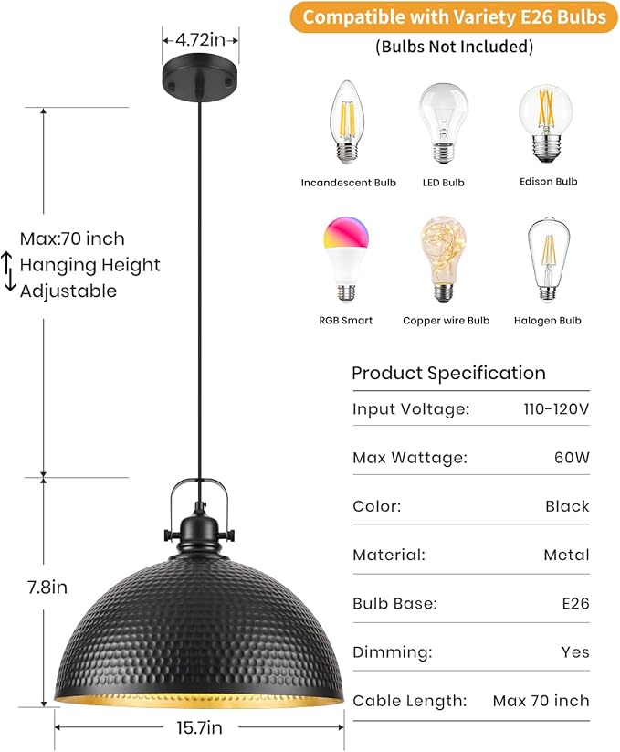 16 Inch Black Hammered Pendant Light 2 Pack, Vintage Pendant Lights Kitchen Island Adjustable Height, Large Dome Pendant Light Fixtures for Kitchen, Dining Room, Bedroom,Bar