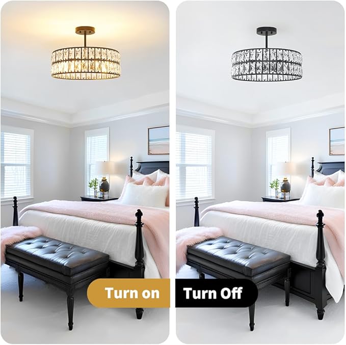 Crystal Ceiling Light Fixture, Modern Matte Black Ceiling Light Chandelier, Semi Flush Mount Chandelier Lighting Fixture for Kitchen Entryway Living Room Dining Room, 5-Light, 16 Inch