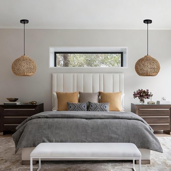 Farmhouse Rattan Pendant Lights 13.8" Wicker Hand-Woven Chandelier Rustic Round Seagrass Hanging Light Fixture for Kitchen Island Bedroom Hallway Entry Living Room Dining Coffee Bar