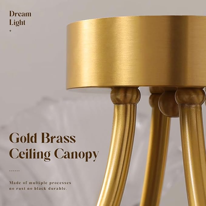 Glass Flush Mount Ceiling Lights Fixture 3-Light Gold Brass Close to Ceiling Light Clear Glass Flower Shape Mid Century Chandelier Lighting for Bedroom Living Room Dining Room