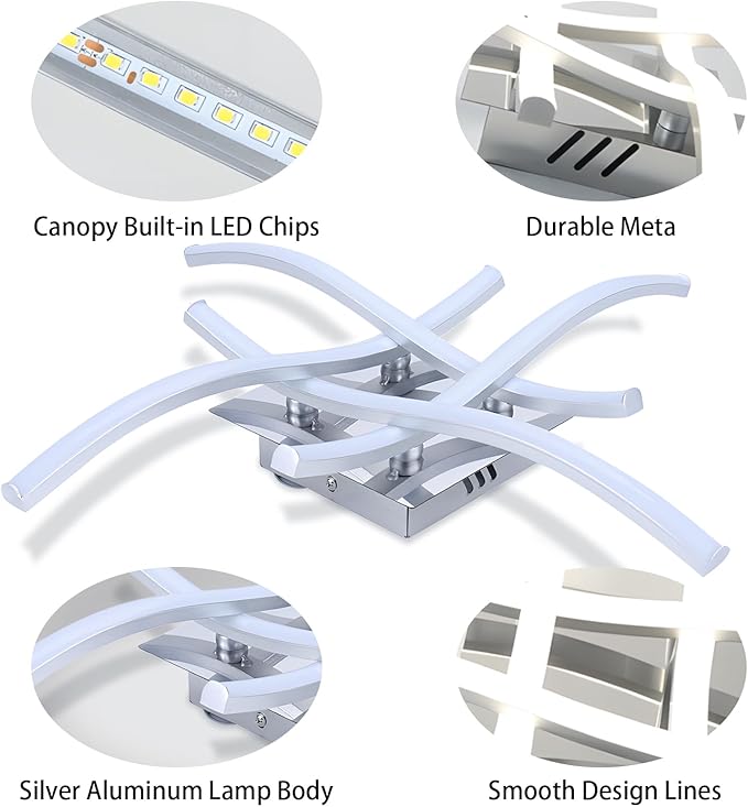 27.5 Inch Modern LED Ceiling Light Fixture, 24W Curved Wave Ceiling Lamp for Bedroom, Kitchen, Hallway, Foyer Library Dining Room Silver Modern Ceiling Light Fixture