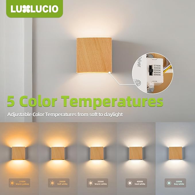 Natural Wood Grain Indoor Outdoor Up and Down Wall Sconce, 5%-100% Dimmable 18W, 5CCT (2700K-5000K), Modern Lighting for Living Room/Porch, CRI90+, 120V-277V, ETL FCC Certified
