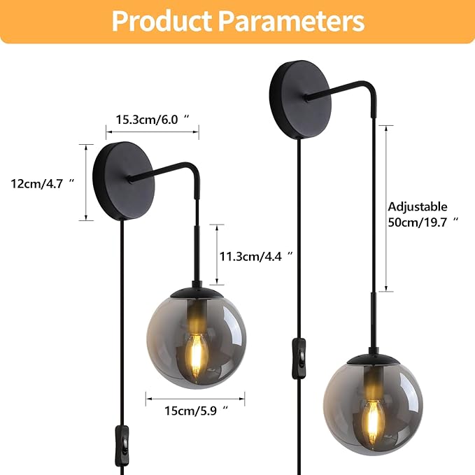 KUZZULL Wall Sconces Set of Two Matte Black Wall Lights for Bedroom Plug in Wall Sconces Set of 2 with Globe Smoke Grey Glass Shade Wall Lamp with Plug in Cord Sconces Wall Decor Set of 2 with Switch