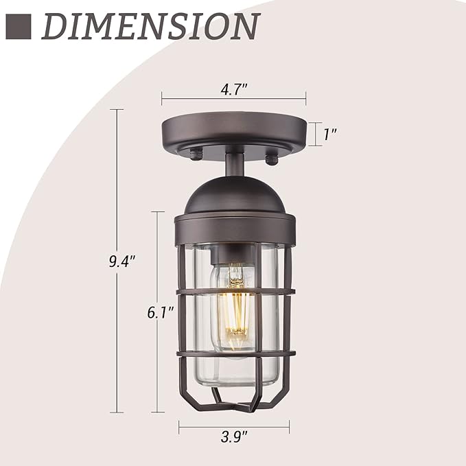 Emliviar 2 Pack Farmhouse Semi Flush Mount Ceiling Lights, Small Ceiling Lights for Porch, Clear Tempered Glass in Oil Rubbed Bronze Finish, GE255F-2PK ORB