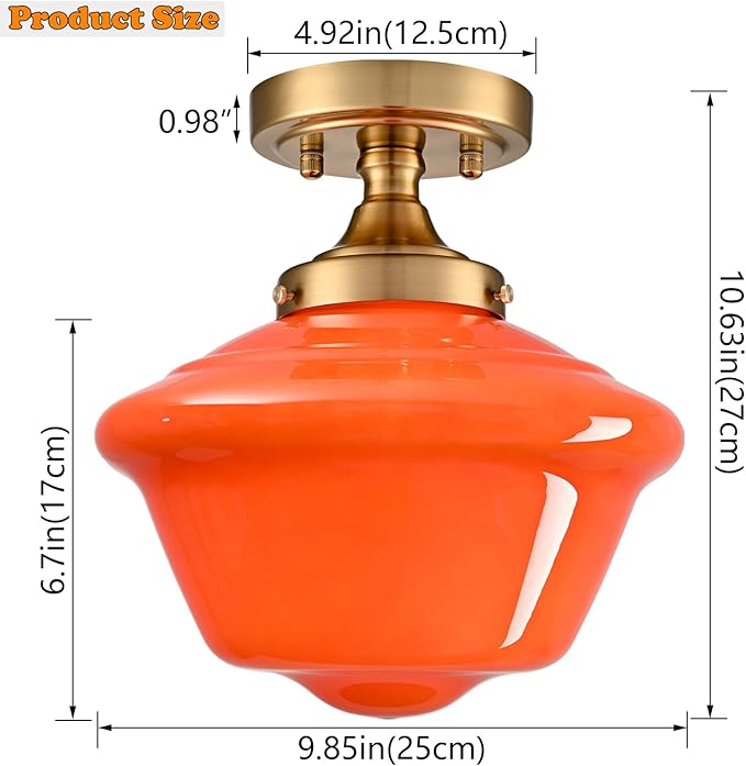 SAMTEEN Gold Semi Flush Mount Ceiling Light 10-Inch Schoolhouse Light Fixtures Orange Milk Glass Ceiling Light Modern Hallway Light Fixtures Brass Vintage Light for Bedroom Entryway