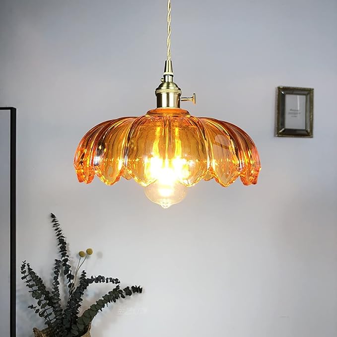 Amber Glass Pendant Light Fixtures Medium 9.8 Inches Lampshade Gold Brass Finish and Switch Vintage Pendant Ceiling Lamp Copper Pendant Lighting (Amber)