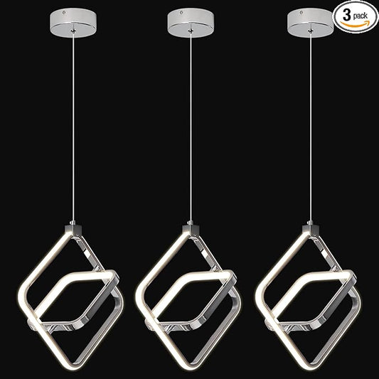 Modern LED Chandelier Chrome Rectangular Pendant Light Fixtures 4000K 20W Dimmable Height Adjustable Pendant Lighting for Dining Room Kitchen Island Bedroom Living Room Foyer（3-Pack）
