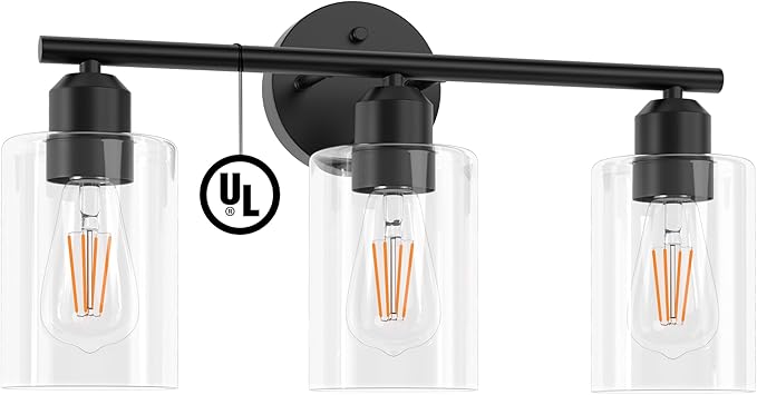 Espird Bathroom Vanity Light Fixtures Matte Black Bathroom Lighting Fixture, 3 Lights Bathroom Light Fixture Over Mirror, Modern Black Vanity Light, UL Certified Wall Sconces with Glass Shades