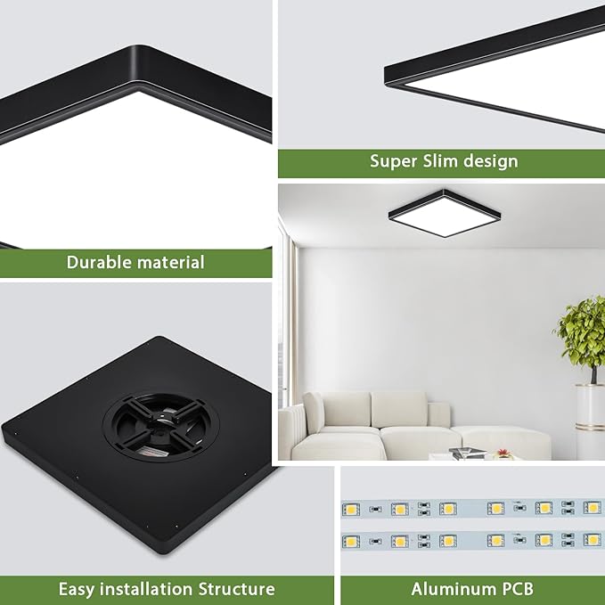 12 Inch 24W Flush Mount Square LED Ceiling Light, 3000K/4000K/6000K Adjustable Flush Mount Light Fixture, 2800LM Bright Flat Ceiling Light Fixtures for Bedroom, Kitchen, Hallway (Black-4 Pack)