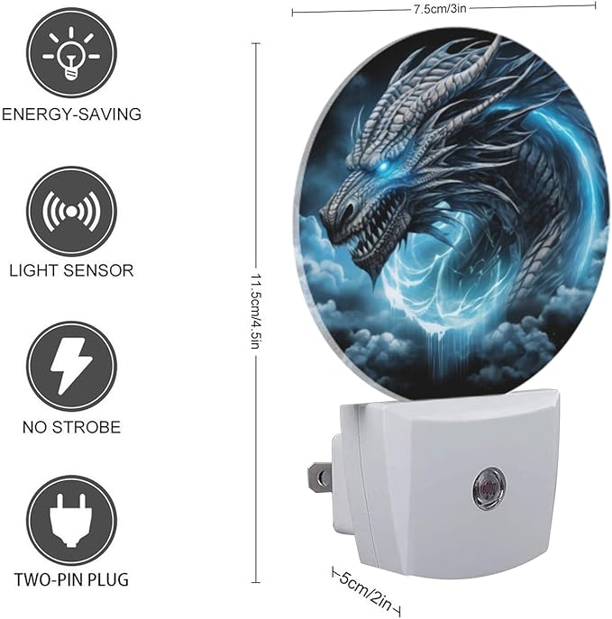 Round LED Night Lights Lamp with Dusk to Dawn Sensor, Fierce Dragon with Glowing Blue Eyes Night Light Plug Into Wall for Kids Room, Bedroom, Bathroom, Kitchen, Hallway