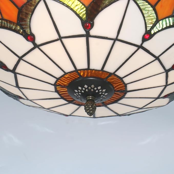 Tiffany Style Ceiling Light 16 Inch Stained Glass Flush Mount Ceiling Light for Bedroom Chandelier Vintage Pendent Light Fixtures (16 Inch White Orange)