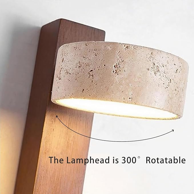 LED Wood Wall Sconce with Pull Chain Switch, Black Walnut Base with Rotatable Yellow Travertine Stone Lampshade, Built-in LED Light, Modern Rustic Bedside Wall Light for Bedroom, Living Room, Hallway