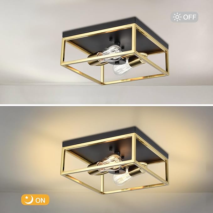 Treekee 11" Ceiling Light Fixtures, Flush Mount Lighting Square, Gold Metal Finish, Vintage Retro and Modern Industrial Charm Ceiling Lamp for Bedroom Hallway Foyer Entryway