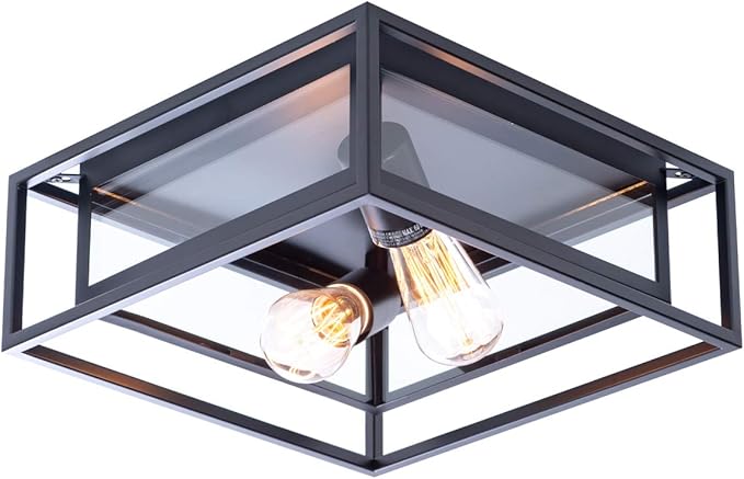 VILUXY Modern Black Flush Mount Ceiling Light Square Ceiling Lamp Fixture with Glass Shade for Hallway, Entryway, Passway, Dining Room, Bedroom,Kitchen, Living Room Two-Light