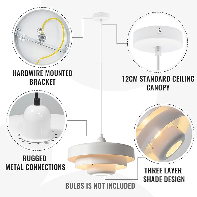 2-Pack Industrial Pendant Lights, 13.8 Inch Vintage White Metal Dome Hanging Lights for Kitchen Island, Mid Century Modern Ceiling Fixtures for Restaurant, Aisle