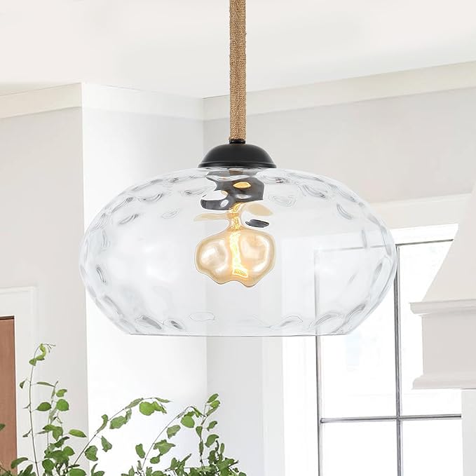 13” Large Hammered Glass Pendant Light Rattan Modern Industrail Chandelier for Kitchen Island Dining Room Hallway, UL Listed