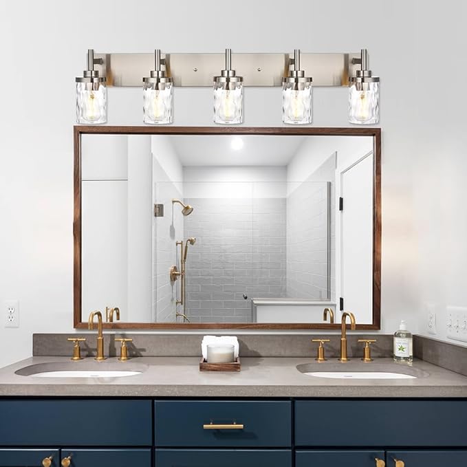 Bathroom Vanity Lighting Fixtures 5 Lights,Brushed Nickel Bathroom Vanity Lights with Clear Hammered Shade Wall Sconce Lighting Modern Farmhouse Bath Lighting