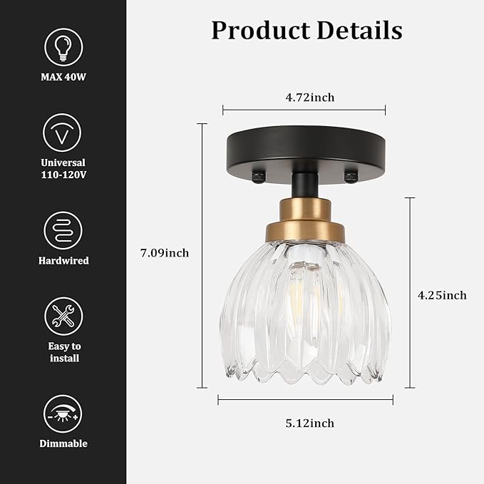 TALOYA Semi Flush Mount Ceiling Light, Close to Ceiling Light Fixtures with Clear Tulip Glass Shades Modern Farmhouse Lighting Fixtures for Hallway Corridor Kitchen Bathroom Bedroom Passway