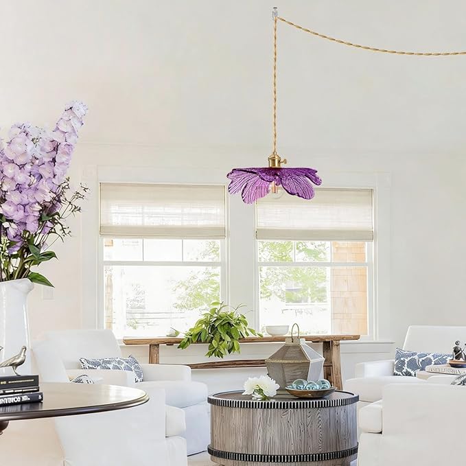 14.75ft Plug in Hanging Lamp with Purple Shade Vintage Plug in Glass Hanging Light Fixture ON Off Switch Mid Century Modern Pendant Light for Dining Room Kitchen Girls Room Bedroom
