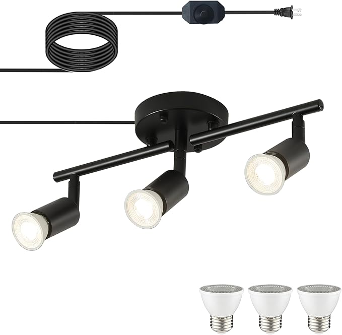 Dimmable 3 Light Black Plug in Track Light White Plug in Ceiling Lighting Fixture with 16.4' Long Cord,3 Way Ceiling Spotlight,Rotatable Wall Mount Light Head,LED dimmable Spot Bulbs Included