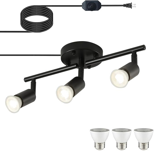 Dimmable 3 Light Black Plug in Track Light White Plug in Ceiling Lighting Fixture with 16.4' Long Cord,3 Way Ceiling Spotlight,Rotatable Wall Mount Light Head,LED dimmable Spot Bulbs Included
