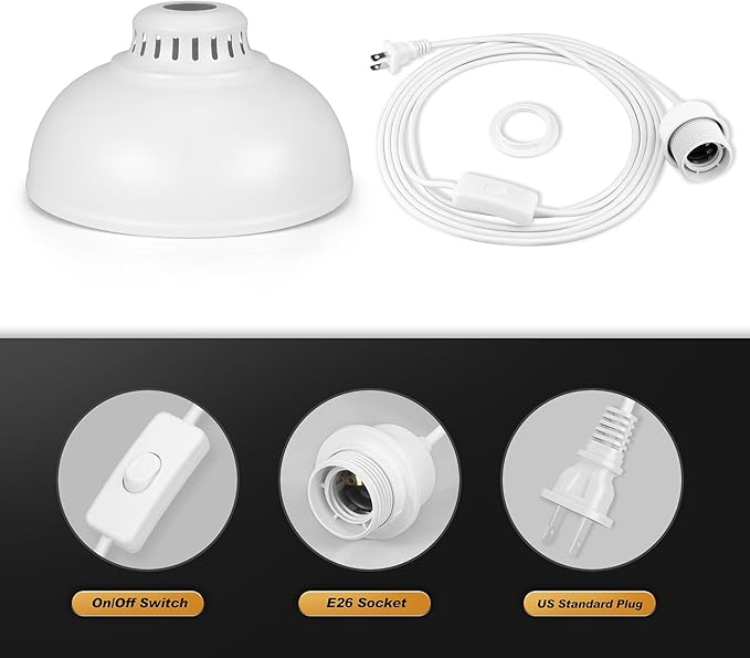 Plug in Pendant Light, 15FT Hanging Lights with Plug in Cord, On/Off Switch, Industrial Pendant Light with Plug in Cord, Metal Hanging Lamps for Living Room, Kitchen Big White