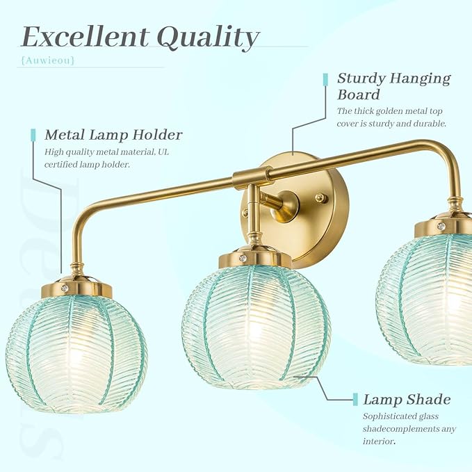 Gold Bathroom Lights Over Mirror, 3 Light Vintage Wall sconces with Blue Glass Shade Bathroom Vanity Lights mid Century Wall Sconce Light Glass Wall Lighting Fixture for Bedside Bedroom Doorway