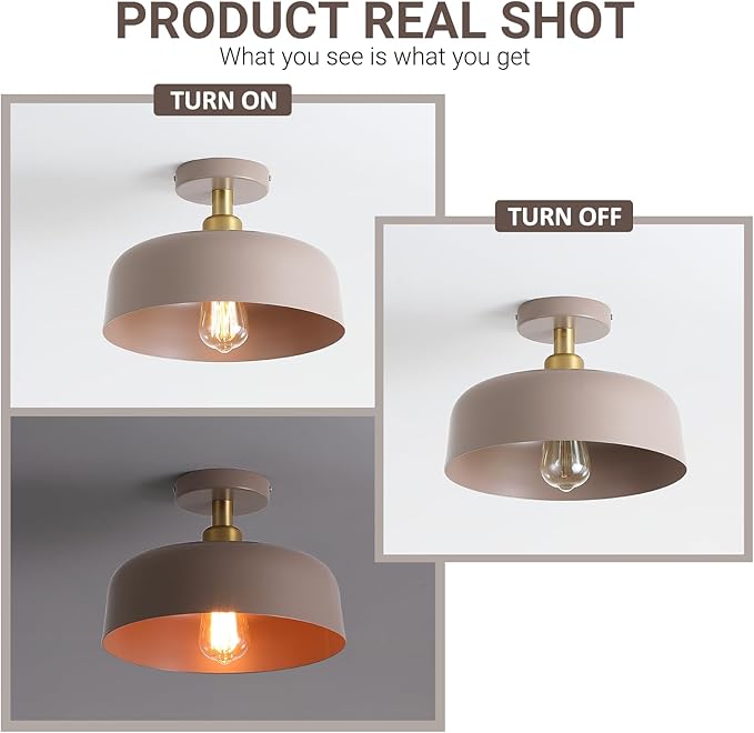 Modern Semi Flush Mount Ceiling Light Fixture,11.8" Brass Accent Ceiling Mounted Light with Brown Metal Shade,1 Light Indoor Hallway Light Fixture for Porch Entryway Foyer Kitchen Bedroom Living Room