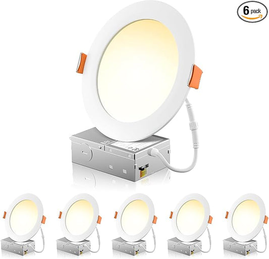 FREELICHT 6 Pack 6 Inch 5CCT Ultra-Thin LED Recessed Ceiling Light with Junction Box, 2700K/3000K/3500K/4000K/5000K Selectable, 1050LM Brightness, Dimmable Canless Wafer Downlight, 12WEqv110W, ETL&FCC