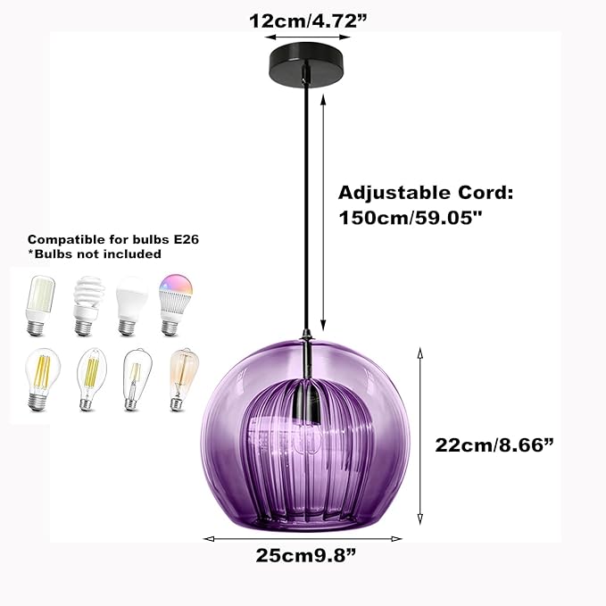 Vintage Pendant Lights 9.8" Purple Flush Mount Ceiling Light Fixtures, 2-Layer Glass Globe Shade Design Black Mid Century Chandelier for Kitchen Island Dining Room Farmhouse Bedroom