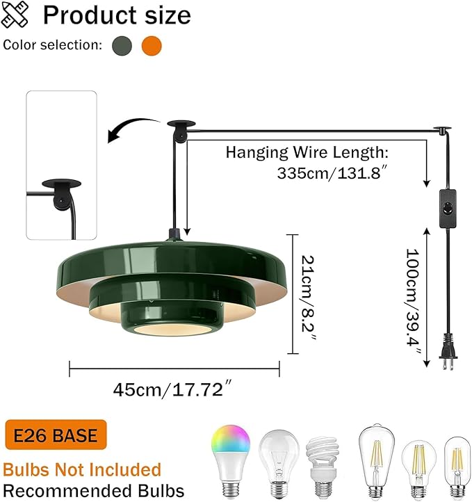 Plug-in Green Pendant Light, Mid Century Hanging Lamp Fixtures with Pulley and Plug in Cord 3-Layer Shade Nordic Style Pendant Lighting Metal Shade for Living Room Dining Room Bedroom Kitchen Island