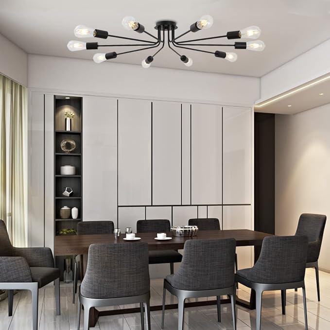10 Lights Ceiling Light Vintage Metal Semi Flush Mount Light Ceiling Lamp Black Chandelier Lighting Fixture for Living Room Dining Room Kitchen Hallway Cafe