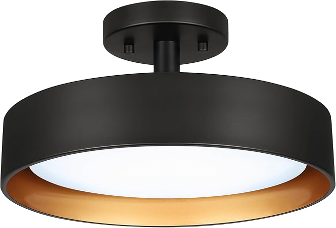 SunRider Industrial Semi Flush Mount LED Ceiling Light Fixture, 12 Inch 25W 2000LM Black Metal Bedroom Lamp, Golden Inside, 6000K Cool White, Dimmable
