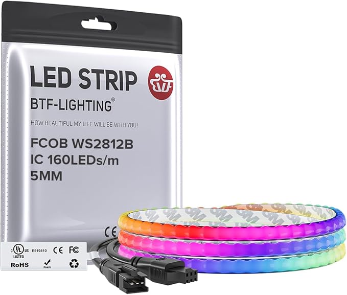 BTF-LIGHTING FCOB COB XGB1338(WS2812B) IC RGB 160LED/m 160IC LED Strip DC5V 3.2FT Individual Addressable Flexible High Density Uniform Light Dream Chasing Color 0.19in Width(NO Adapter or Controller)