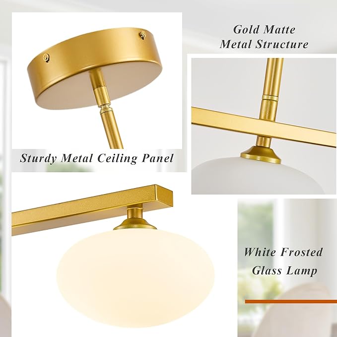 Gold Linear Chandelier, 5-Lights Kitchen Island Light, Dining Room Light Fixture Over Table, Mid Century Globe Chandelier
