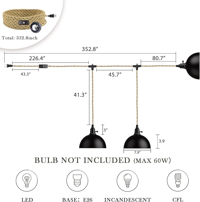 zeyu Triple Pendant Light with Plug in Cord - Industrial 3-Light Hanging Lamps with 29FT Twisted Hemp Rope Switch, Metal Dome Shade in Black Finish, ZYC49-3 BK