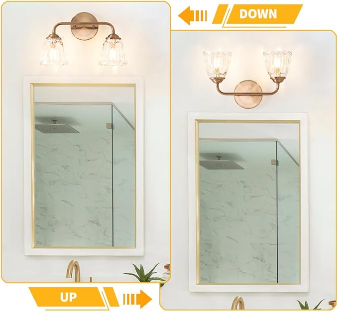 Daunton Vintage Brass Vanity Light, 2-Light Bathroom Lighting Fixtures Over Mirror, Elegant Vanity Lighting for Bathroom with Clear Glass Shade, Gold Wall Sconce Lighting for Bedroom, Living Room