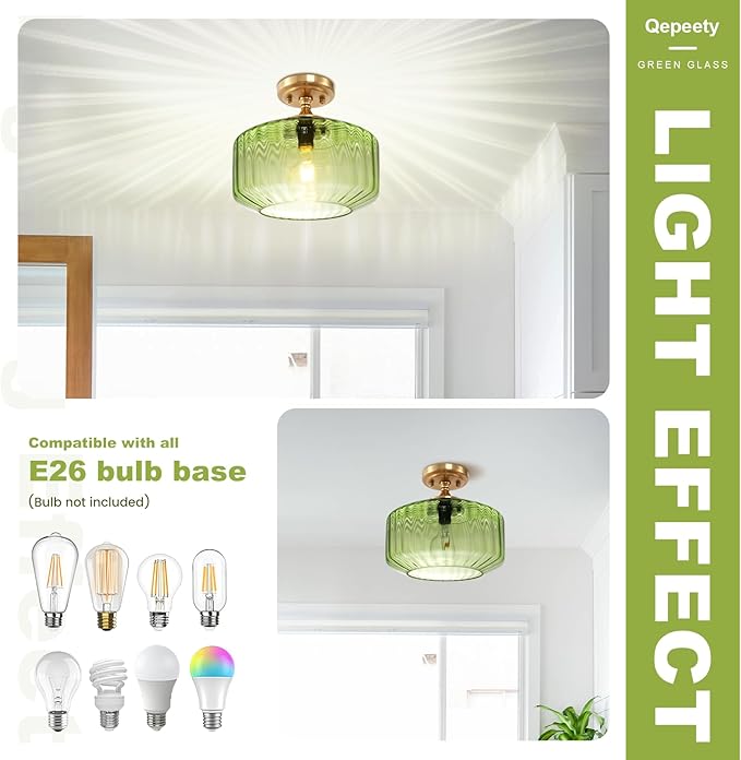 Mid-Century Modern Gold Flush Mount Ceiling Light Fixtures, Green Close-to-Ceiling Gold Chandelier for Entryway, Hallway, Porch, Corridor, Bedroom