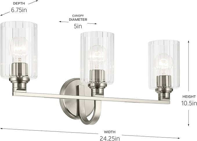 Kichler Gioe 24.25 in 3-Light Bathroom Vanity Light Fixture with Clear Fluted Glass in Brushed Nickel, Modern Wall Mount Over Mirror for Powder Room, Damp Rated (24.25 in W x 10.5 in H), 55226NIFLU