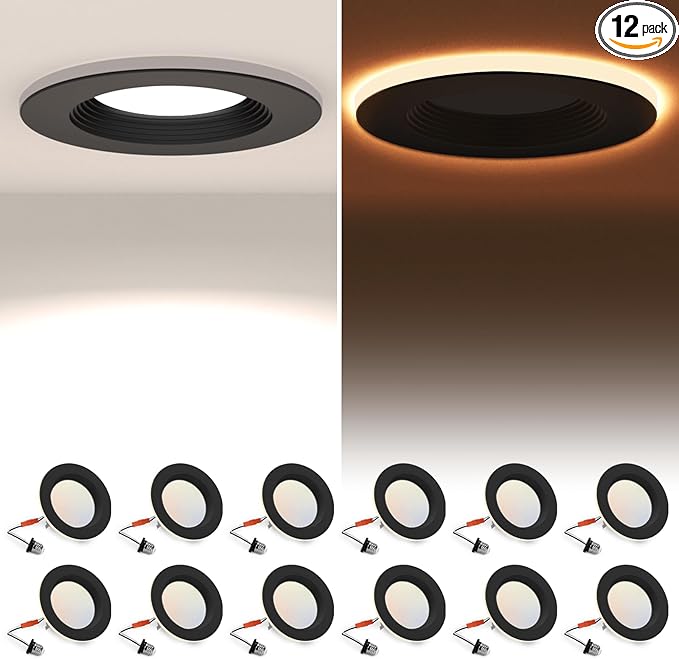 POWERASIA 12 Pack 4 Inch Black LED Can Lights with Night Light, 5CCT Retrofit Recessed Lighting Selectable 2700K-6000K Dimmable, 9W=55W, 630LM Downlight with Metal Smooth Trim - ETL and Energy Star