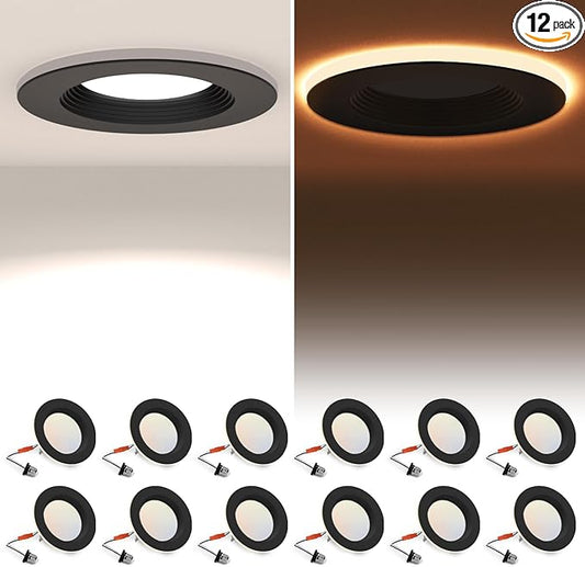 POWERASIA 12 Pack 4 Inch Black LED Can Lights with Night Light, 5CCT Retrofit Recessed Lighting Selectable 2700K-6000K Dimmable, 9W=55W, 630LM Downlight with Metal Smooth Trim - ETL and Energy Star