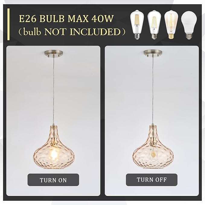 CATINER 11" Amber Hammered Glass Pendant Light, Blown Glass Hanging Light Fixture with Brushed Nickel Finish, Vintage Modern Ceiling Light for Kitchen Island, Dining Room, Hallway, Living Room