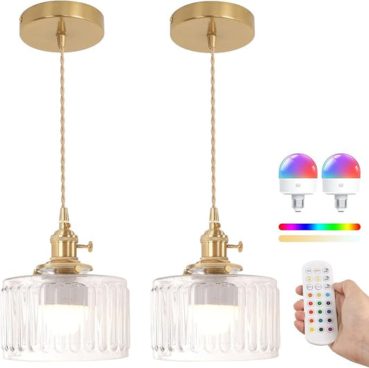 Shenmoyl Battery Operated Pendant Light 5000mAh Rechargeable Chandelier with Remote Control Wireless Adjustable Hanging Clear Striped Light for Kitchen Island Dining Room Hallway, 2 Pack