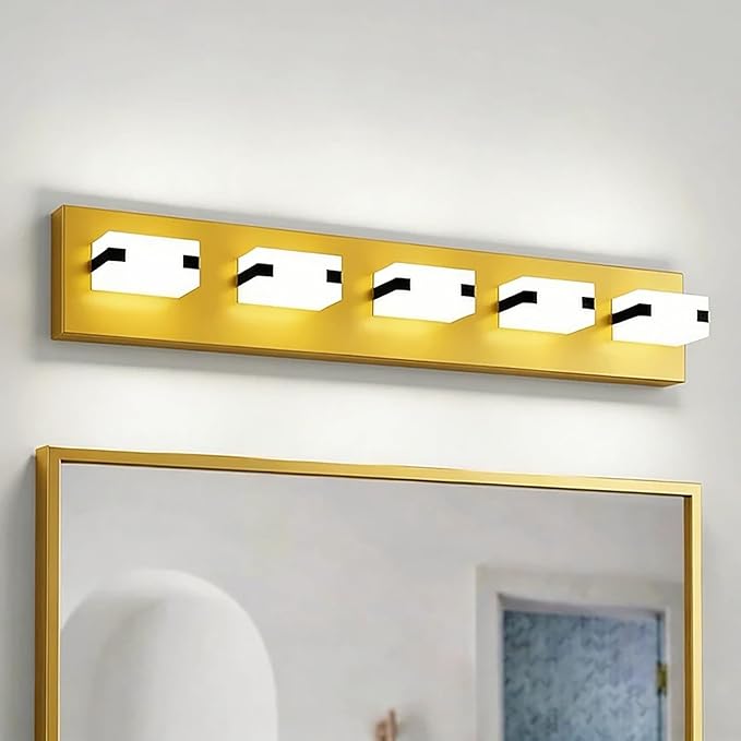 LED Bathroom Light Fixtures, 5-Light Modern Vanity Lights with Milky White Frosted Acrylic Shades, Gold Bathroom Lighting fixtures Over Mirror, ETL Listed, 35W (Cool White 5700K)