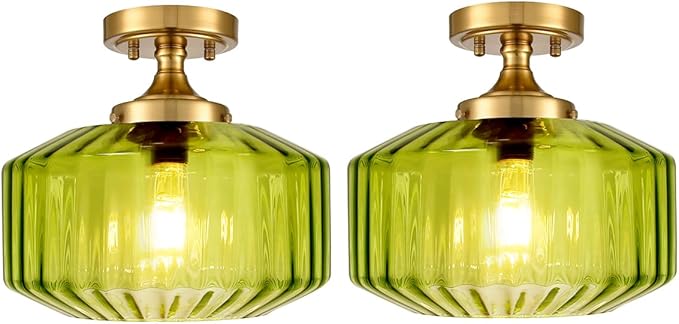 Green Semi Flush Mount Ceiling Light Set of 2 Mid Century Modern Ceiling Light Fixture Vintage Gold Chandelier Farmhouse Close to Ceiling Light Fixtures for Living Room, Bedroom, Entryway